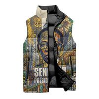 Léopold Sédar Senghor Sleeveless Puffer Jacket President Poete Portrait Futuristic African Robotic Handshake Earth and Flowers Unity - Wonder Print Shop