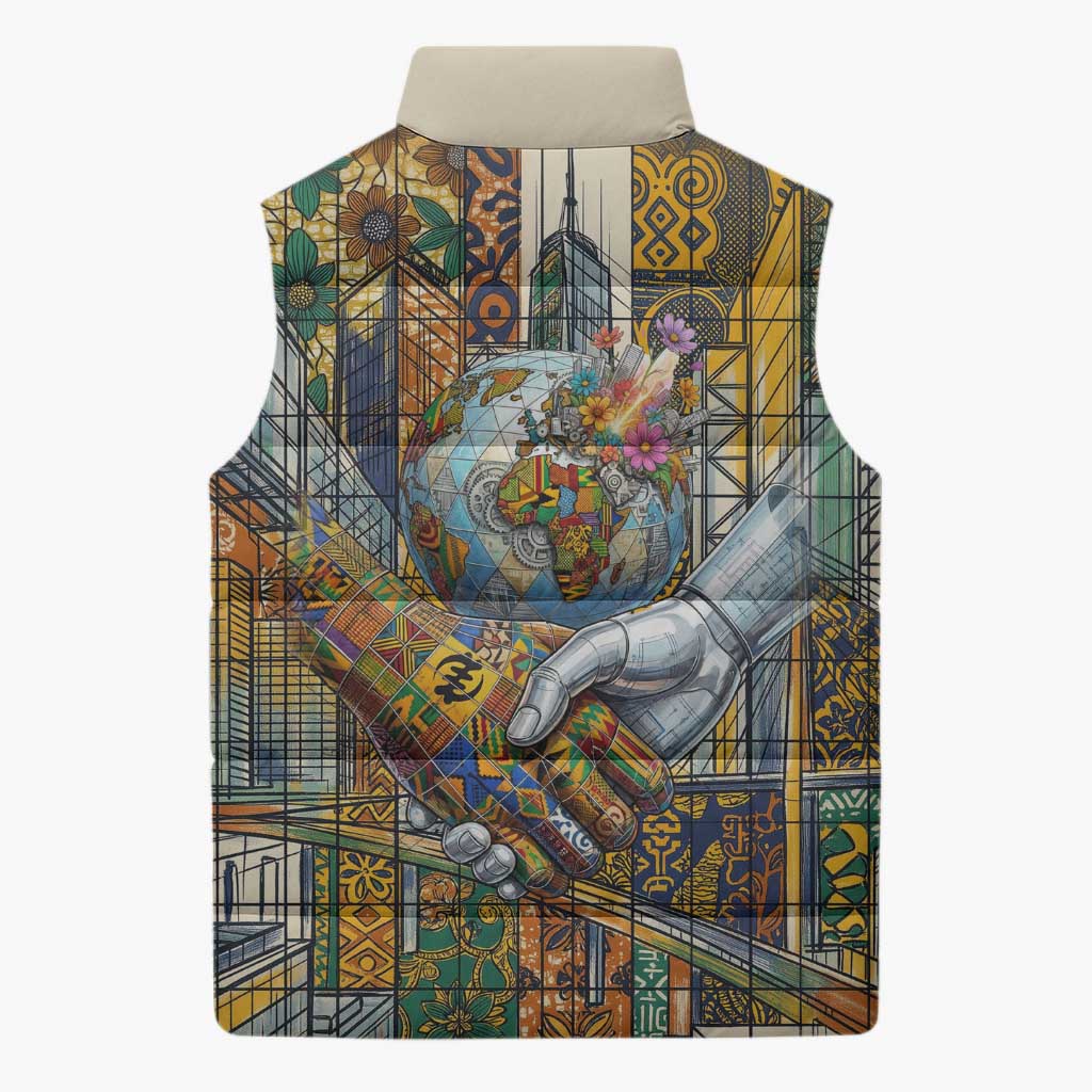 Léopold Sédar Senghor Sleeveless Puffer Jacket President Poete Portrait Futuristic African Robotic Handshake Earth and Flowers Unity - Wonder Print Shop