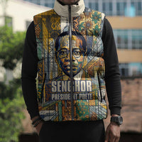 Léopold Sédar Senghor Sleeveless Puffer Jacket President Poete Portrait Futuristic African Robotic Handshake Earth and Flowers Unity - Wonder Print Shop