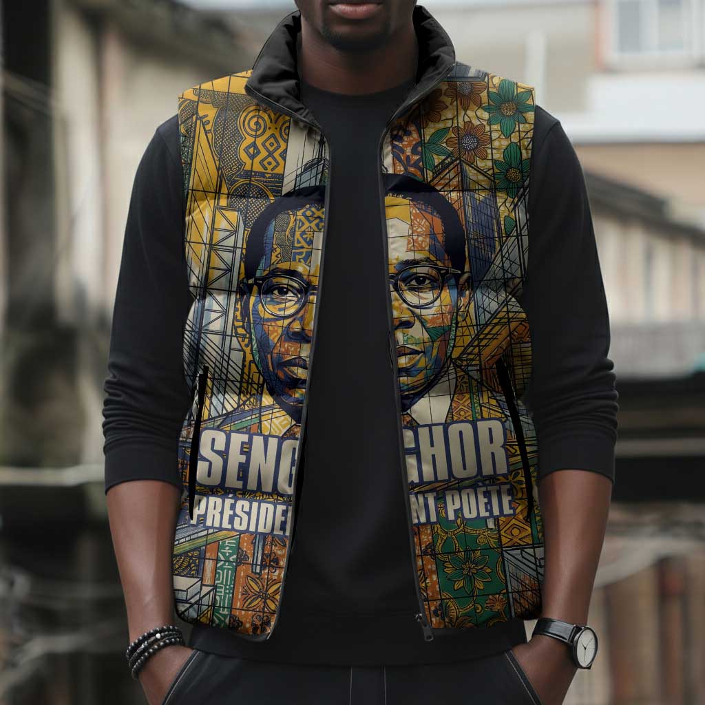 Léopold Sédar Senghor Sleeveless Puffer Jacket President Poete Portrait Futuristic African Robotic Handshake Earth and Flowers Unity - Wonder Print Shop