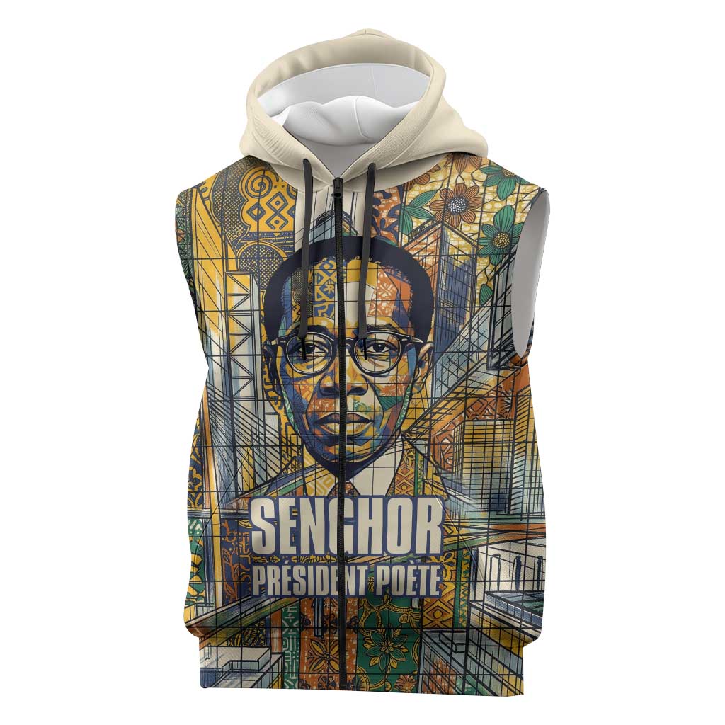 Léopold Sédar Senghor Sleeveless Zip Hoodie President Poete Portrait Futuristic African Robotic Handshake Earth and Flowers Unity - Wonder Print Shop