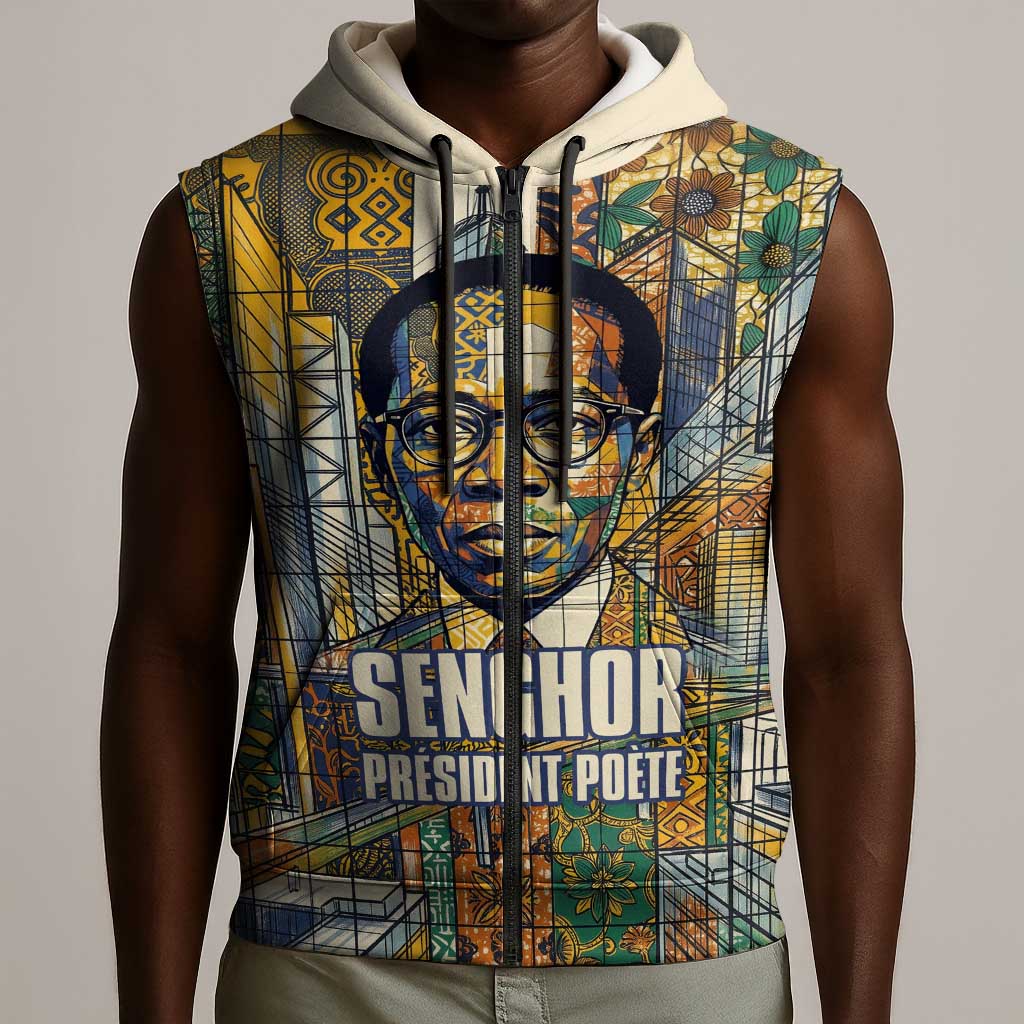 Léopold Sédar Senghor Sleeveless Zip Hoodie President Poete Portrait Futuristic African Robotic Handshake Earth and Flowers Unity - Wonder Print Shop