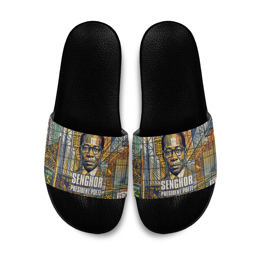 Léopold Sédar Senghor Slide Sandals President Poete Portrait Futuristic African Robotic Handshake Earth and Flowers Unity - Wonder Print Shop