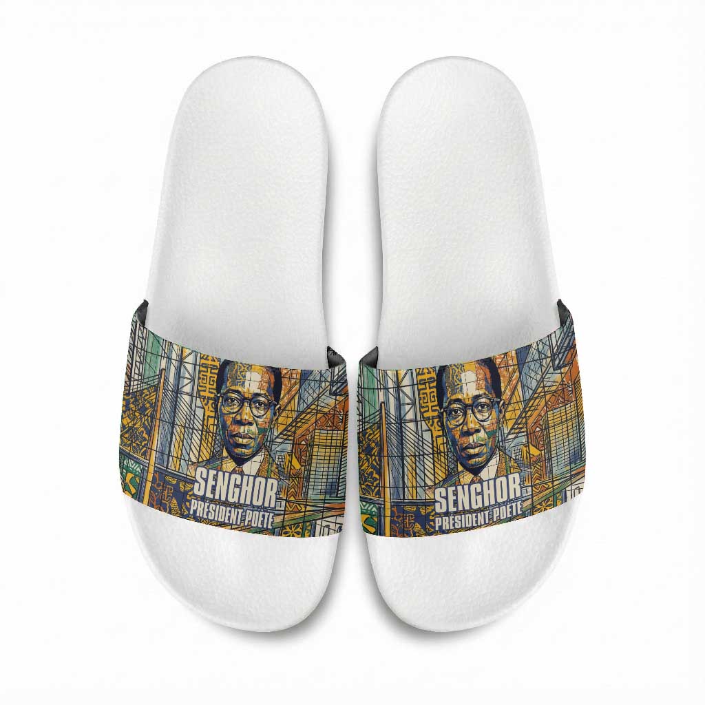 Léopold Sédar Senghor Slide Sandals President Poete Portrait Futuristic African Robotic Handshake Earth and Flowers Unity - Wonder Print Shop