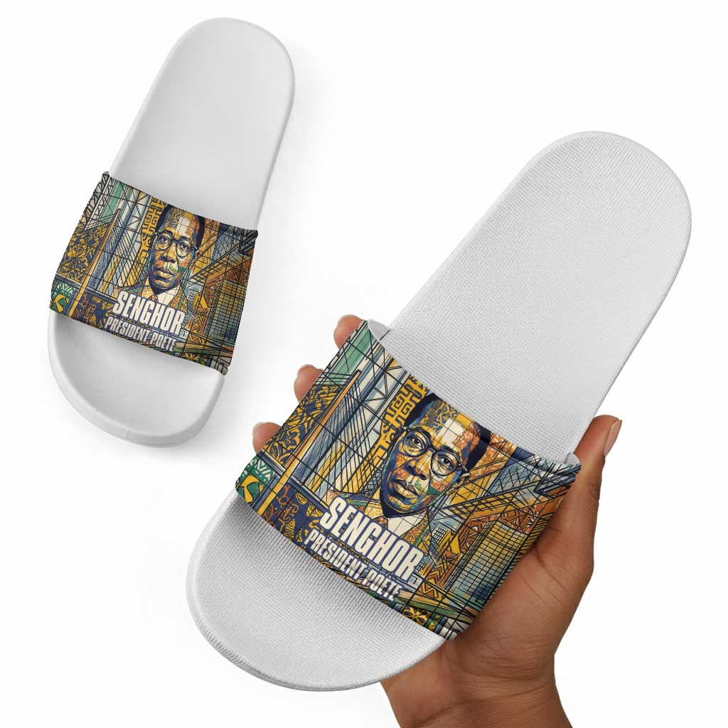 Léopold Sédar Senghor Slide Sandals President Poete Portrait Futuristic African Robotic Handshake Earth and Flowers Unity - Wonder Print Shop