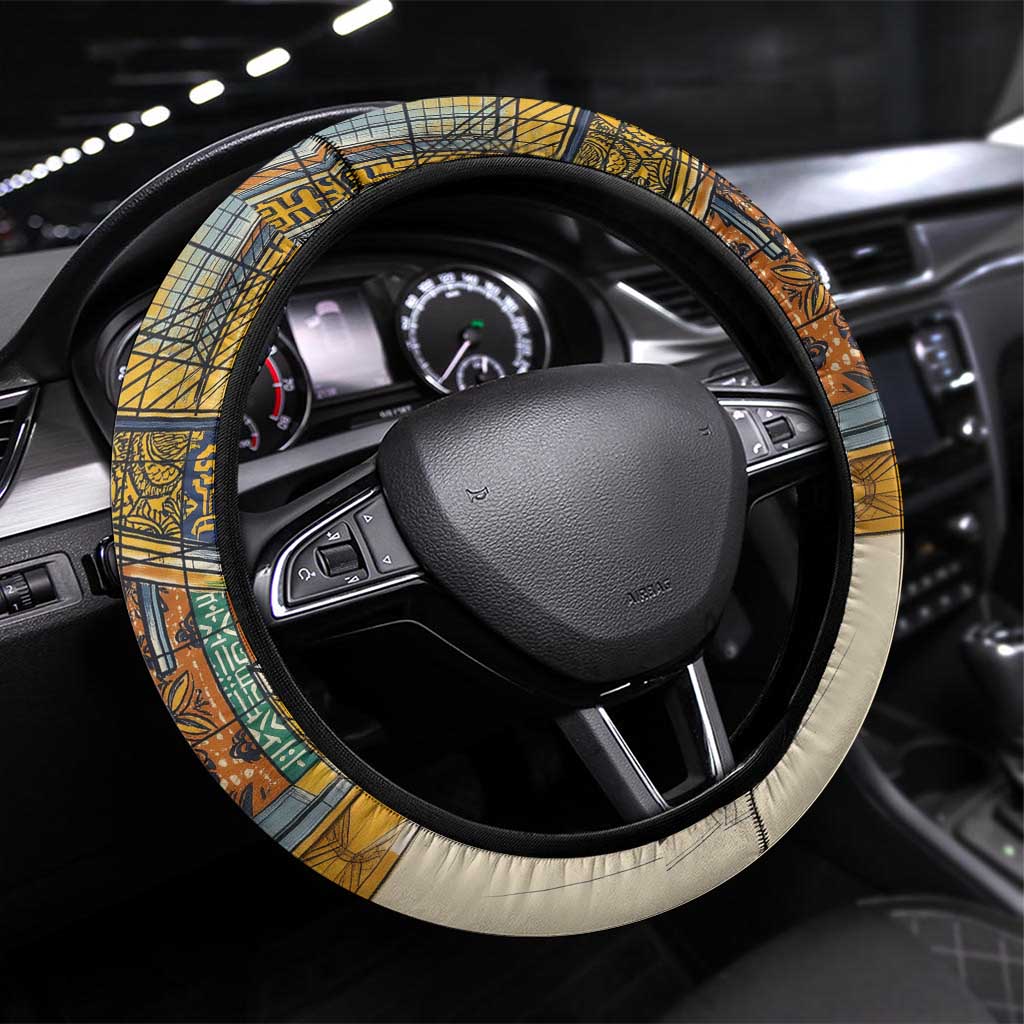Léopold Sédar Senghor Steering Wheel Cover President Poete Portrait Futuristic African Robotic Handshake Earth and Flowers Unity - Wonder Print Shop