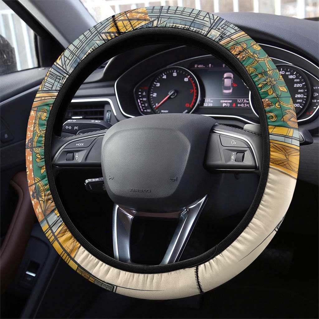 Léopold Sédar Senghor Steering Wheel Cover President Poete Portrait Futuristic African Robotic Handshake Earth and Flowers Unity - Wonder Print Shop