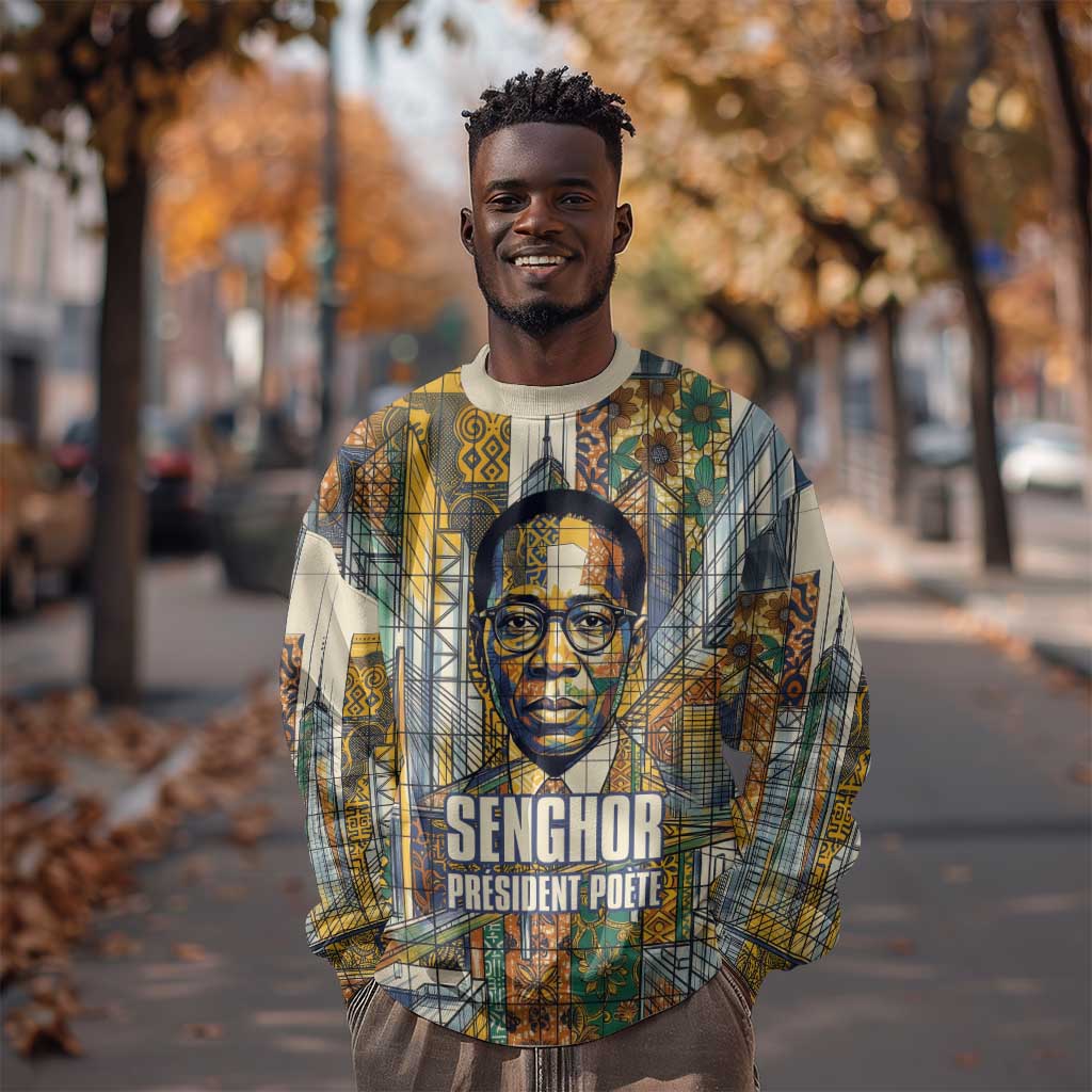 Léopold Sédar Senghor Sweatshirt President Poete Portrait Futuristic African Robotic Handshake Earth and Flowers Unity - Wonder Print Shop