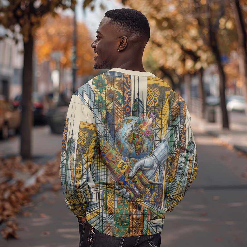 Léopold Sédar Senghor Sweatshirt President Poete Portrait Futuristic African Robotic Handshake Earth and Flowers Unity - Wonder Print Shop