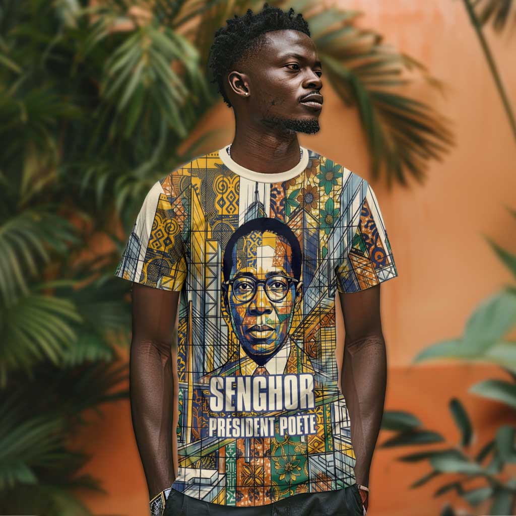 Léopold Sédar Senghor T shirt President Poete Portrait Futuristic African Robotic Handshake Earth and Flowers Unity - Wonder Print Shop