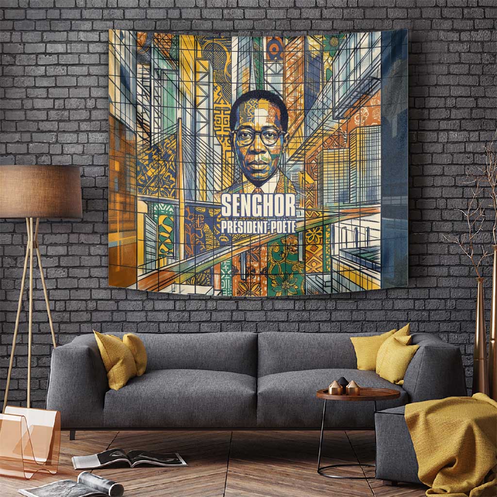 Léopold Sédar Senghor Tapestry President Poete Portrait Futuristic African Robotic Handshake Earth and Flowers Unity - Wonder Print Shop