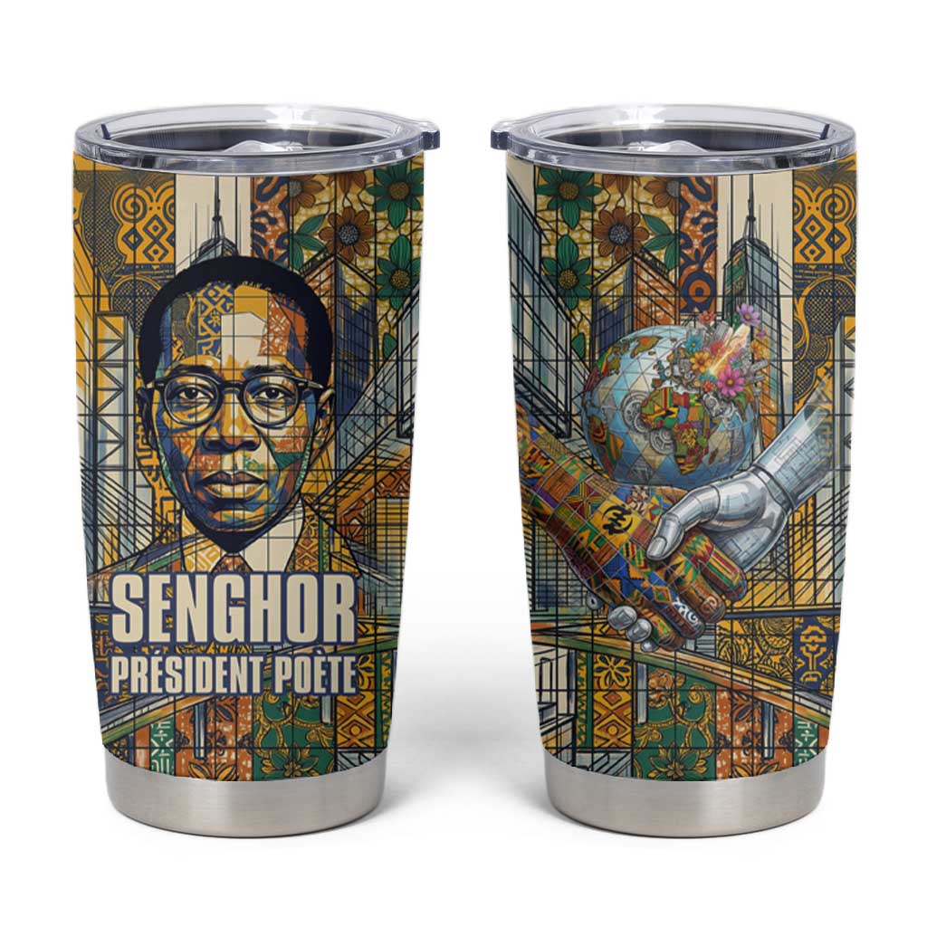 Léopold Sédar Senghor Tumbler Cup President Poete Portrait Futuristic African Robotic Handshake Earth and Flowers Unity - Wonder Print Shop