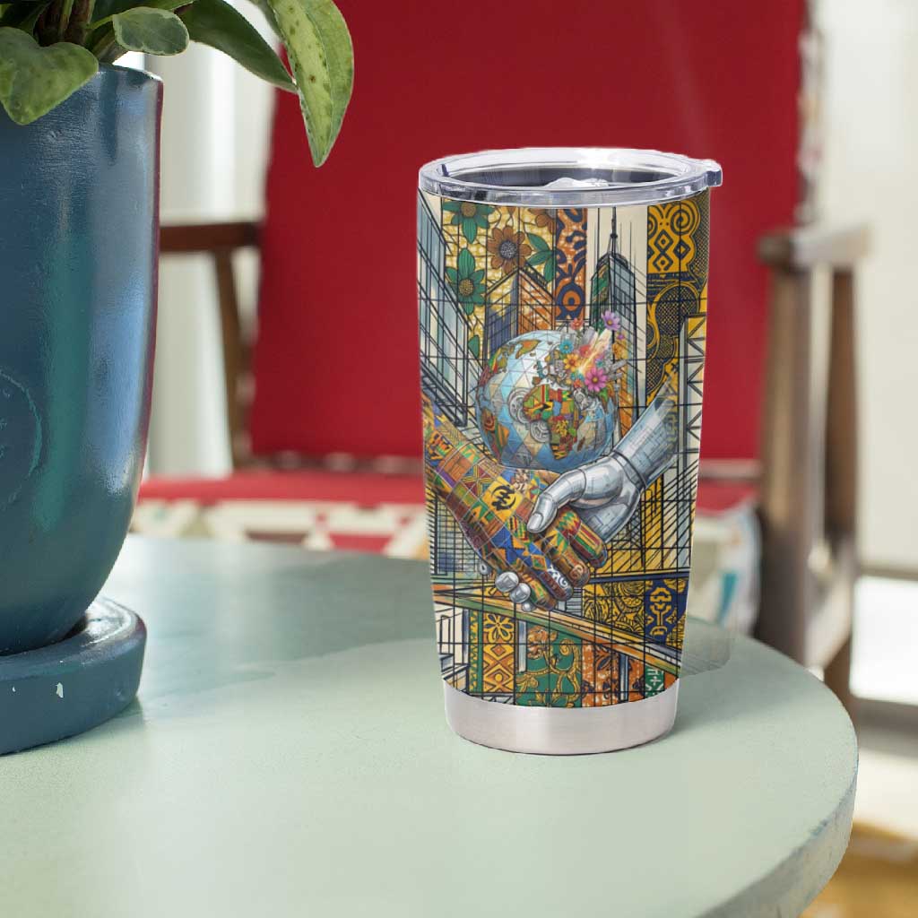 Léopold Sédar Senghor Tumbler Cup President Poete Portrait Futuristic African Robotic Handshake Earth and Flowers Unity - Wonder Print Shop