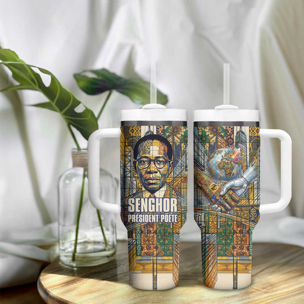 Léopold Sédar Senghor Tumbler With Handle President Poete Portrait Futuristic African Robotic Handshake Earth and Flowers Unity - Wonder Print Shop