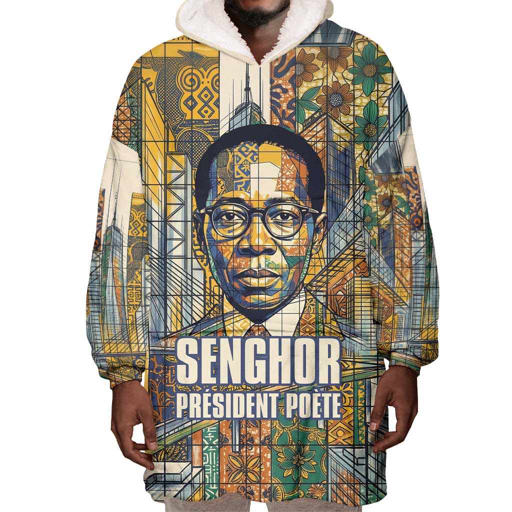 Léopold Sédar Senghor Wearable Blanket Hoodie President Poete Portrait Futuristic African Robotic Handshake Earth and Flowers Unity - Wonder Print Shop