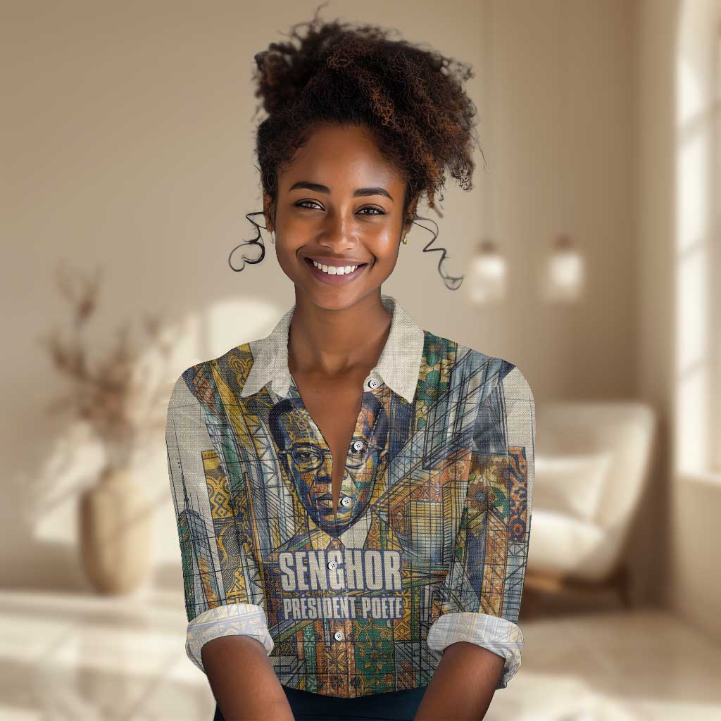 Léopold Sédar Senghor Women Casual Shirt President Poete Portrait Futuristic African Robotic Handshake Earth and Flowers Unity - Wonder Print Shop