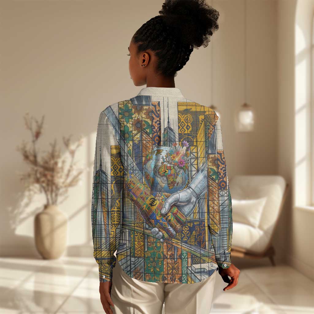 Léopold Sédar Senghor Women Casual Shirt President Poete Portrait Futuristic African Robotic Handshake Earth and Flowers Unity - Wonder Print Shop