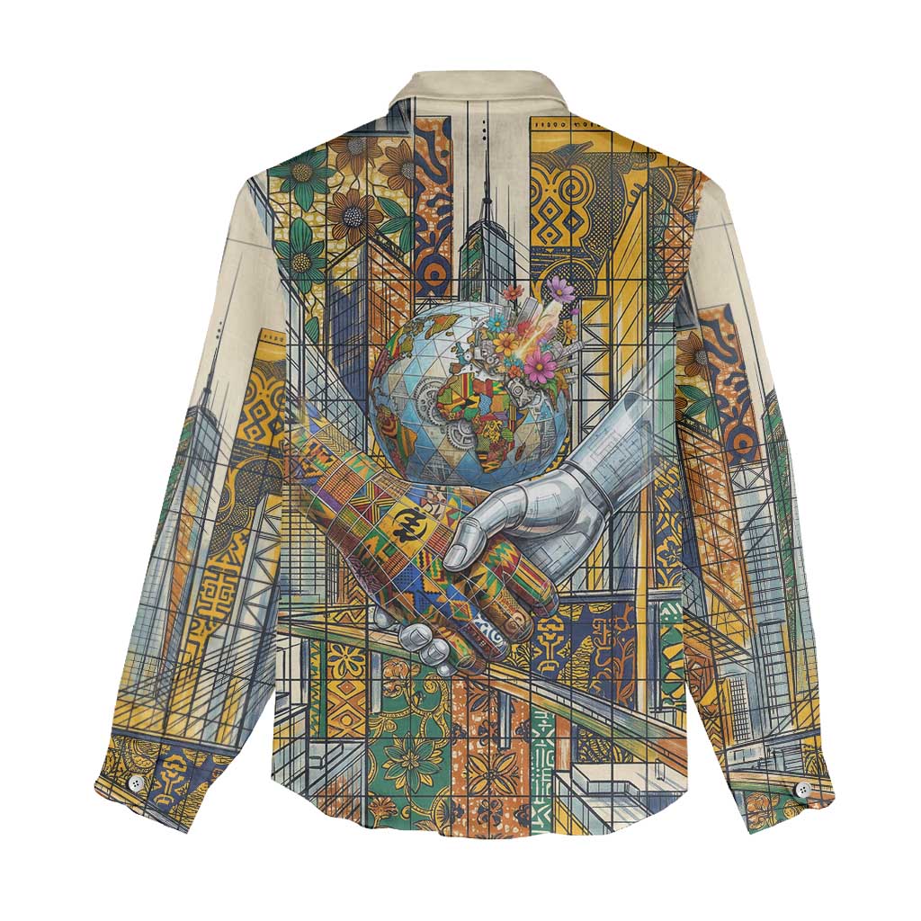 Léopold Sédar Senghor Women Casual Shirt President Poete Portrait Futuristic African Robotic Handshake Earth and Flowers Unity - Wonder Print Shop