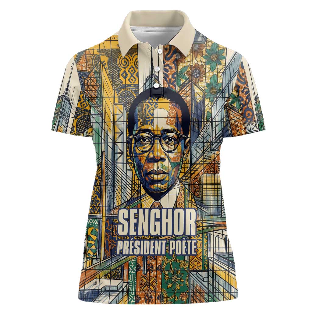 Léopold Sédar Senghor Women Polo Shirt President Poete Portrait Futuristic African Robotic Handshake Earth and Flowers Unity - Wonder Print Shop