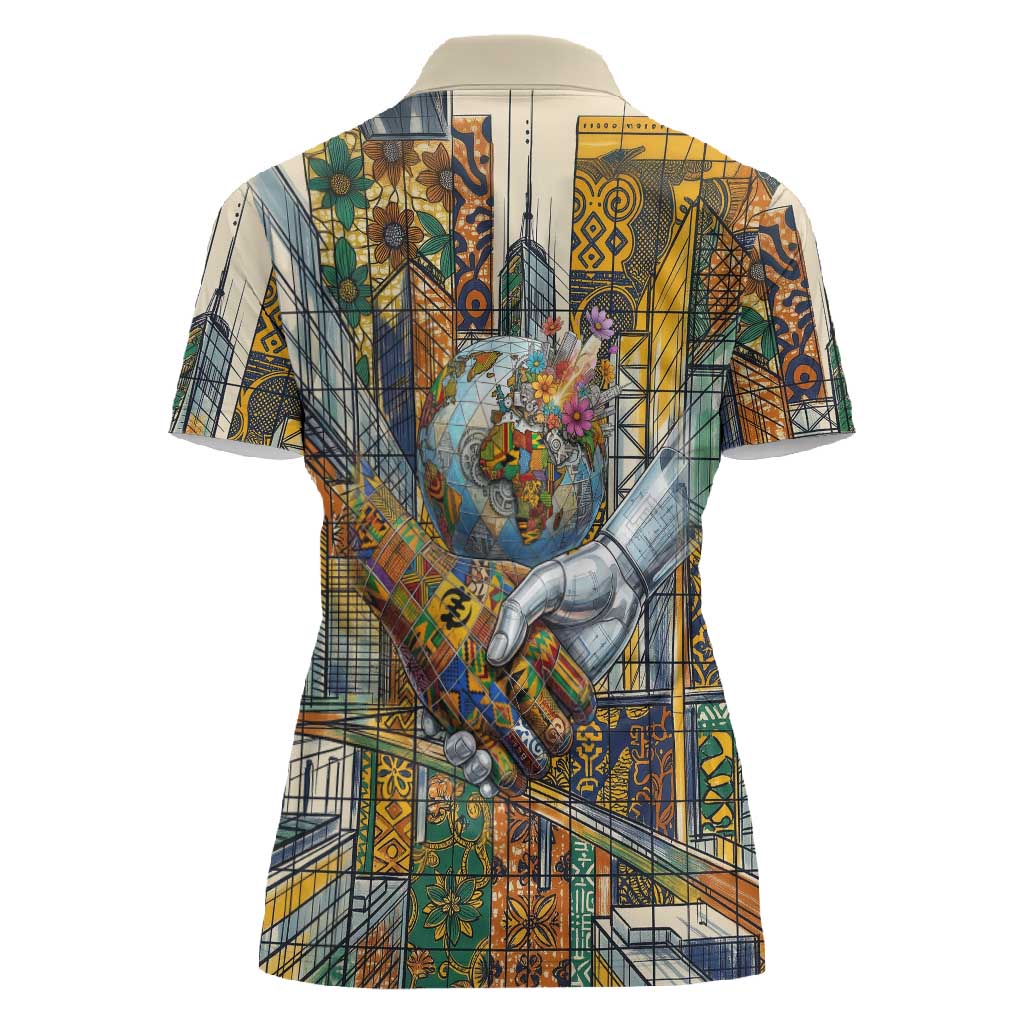 Léopold Sédar Senghor Women Polo Shirt President Poete Portrait Futuristic African Robotic Handshake Earth and Flowers Unity - Wonder Print Shop