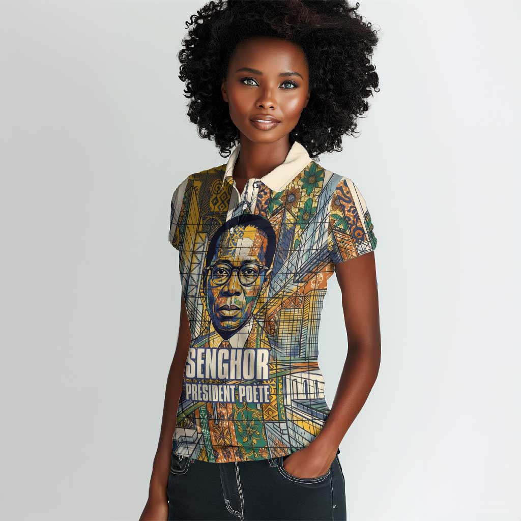 Léopold Sédar Senghor Women Polo Shirt President Poete Portrait Futuristic African Robotic Handshake Earth and Flowers Unity - Wonder Print Shop