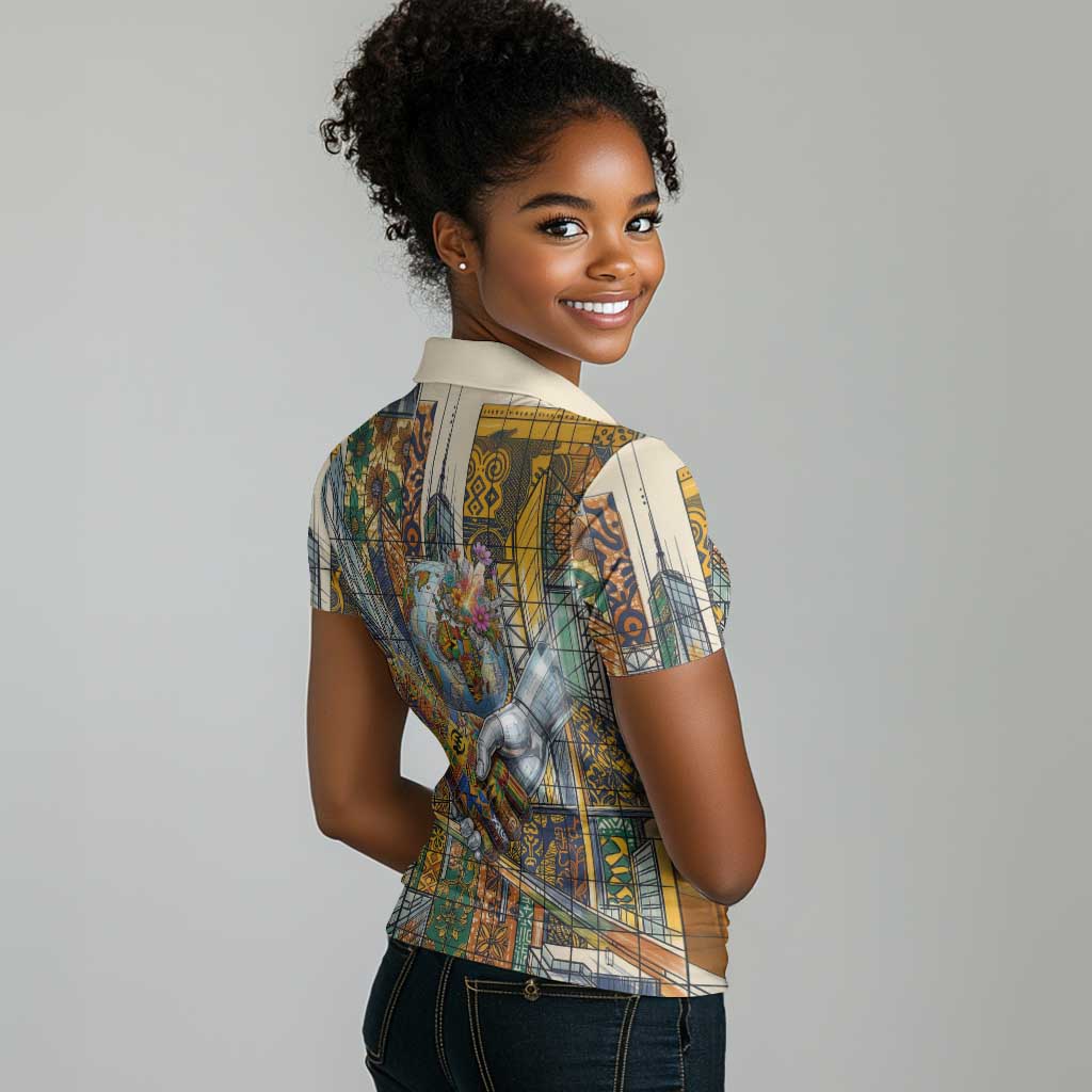 Léopold Sédar Senghor Women Polo Shirt President Poete Portrait Futuristic African Robotic Handshake Earth and Flowers Unity - Wonder Print Shop