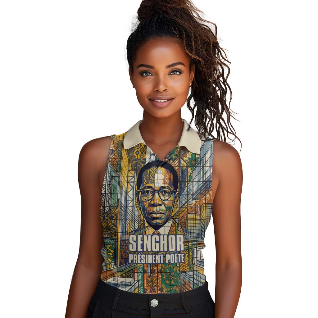 Léopold Sédar Senghor Women Sleeveless Polo Shirt President Poete Portrait Futuristic African Robotic Handshake Earth and Flowers Unity - Wonder Print Shop