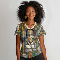 Léopold Sédar Senghor Women V-Neck T-Shirt President Poete Portrait Futuristic African Robotic Handshake Earth and Flowers Unity - Wonder Print Shop