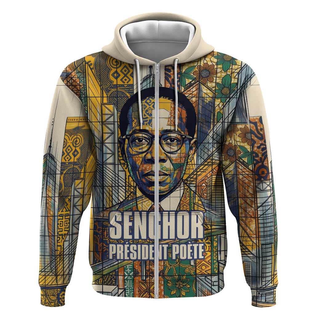 Léopold Sédar Senghor Zip Hoodie President Poete Portrait Futuristic African Robotic Handshake Earth and Flowers Unity - Wonder Print Shop