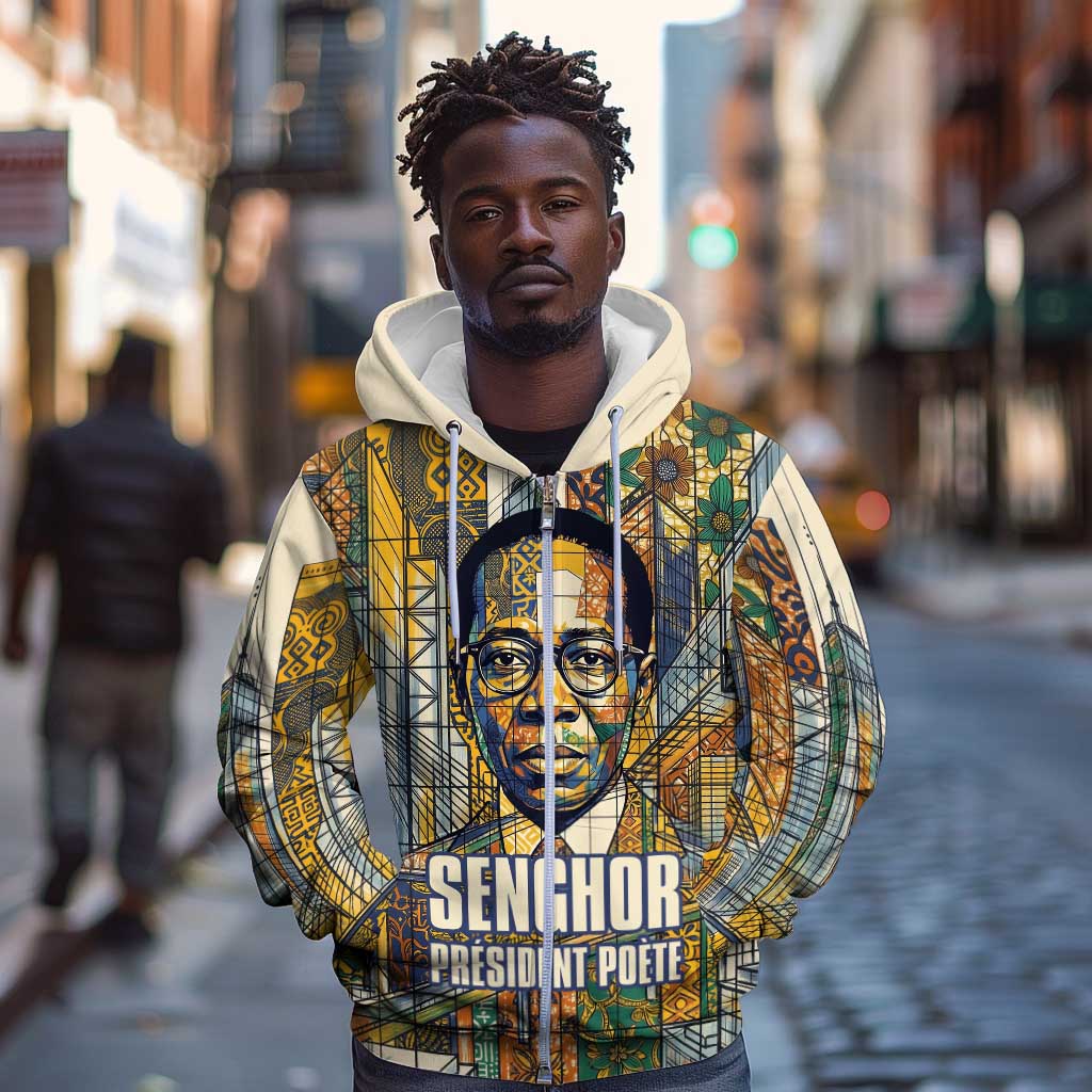 Léopold Sédar Senghor Zip Hoodie President Poete Portrait Futuristic African Robotic Handshake Earth and Flowers Unity - Wonder Print Shop