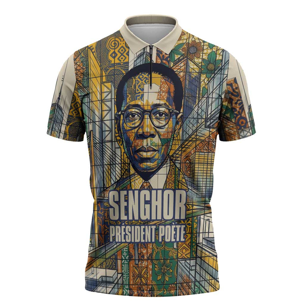 Léopold Sédar Senghor Zipper Polo Shirt President Poete Portrait Futuristic African Robotic Handshake Earth and Flowers Unity - Wonder Print Shop