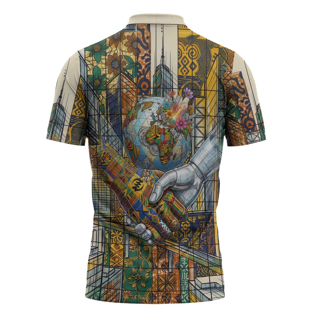 Léopold Sédar Senghor Zipper Polo Shirt President Poete Portrait Futuristic African Robotic Handshake Earth and Flowers Unity - Wonder Print Shop