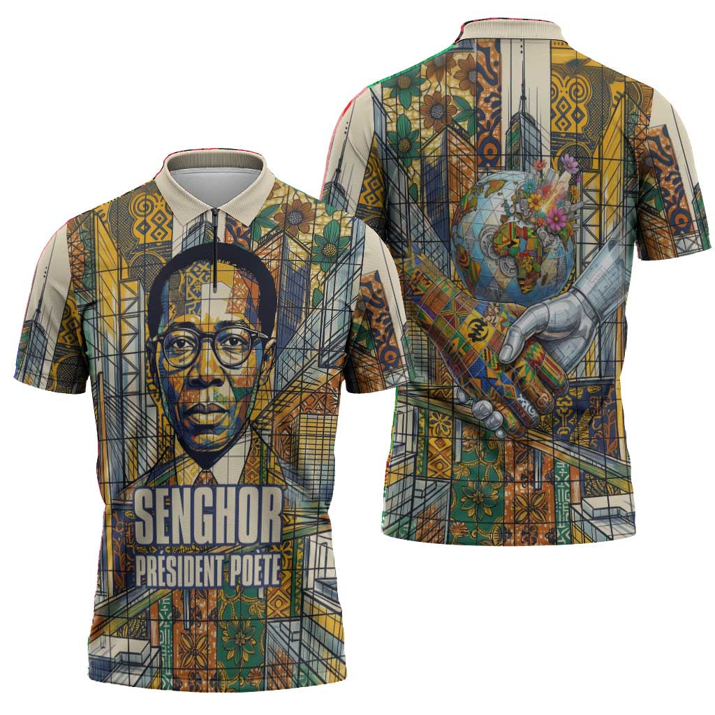 Léopold Sédar Senghor Zipper Polo Shirt President Poete Portrait Futuristic African Robotic Handshake Earth and Flowers Unity - Wonder Print Shop
