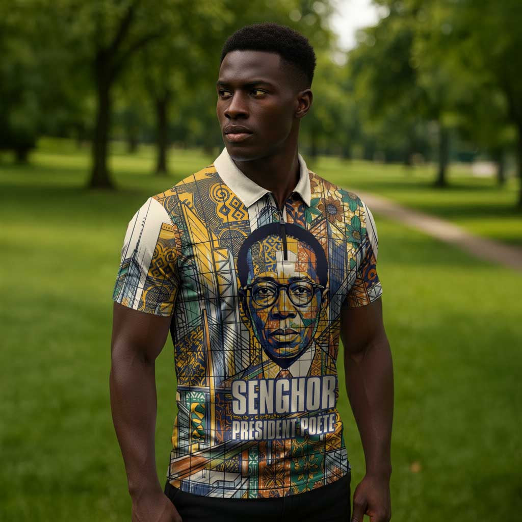 Léopold Sédar Senghor Zipper Polo Shirt President Poete Portrait Futuristic African Robotic Handshake Earth and Flowers Unity - Wonder Print Shop
