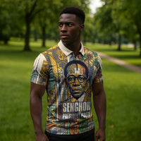 Léopold Sédar Senghor Zipper Polo Shirt President Poete Portrait Futuristic African Robotic Handshake Earth and Flowers Unity - Wonder Print Shop