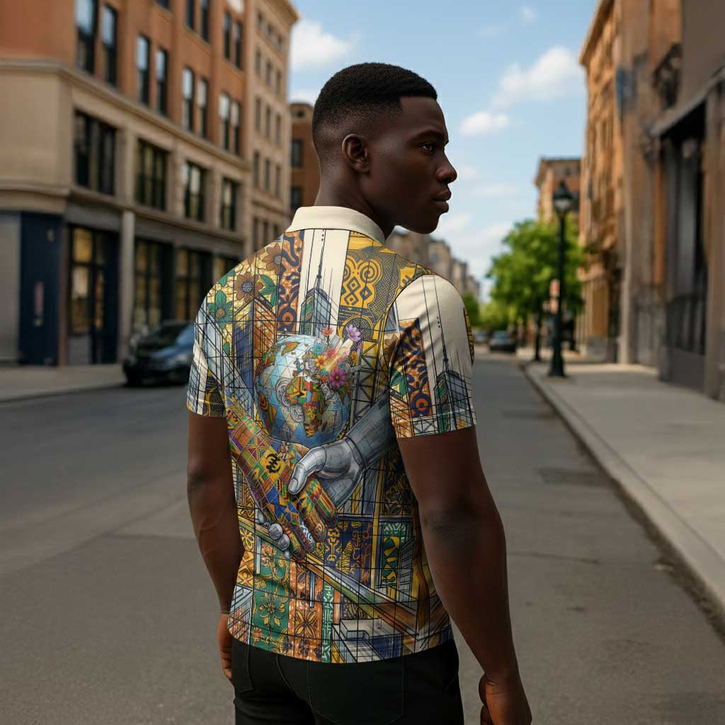 Léopold Sédar Senghor Zipper Polo Shirt President Poete Portrait Futuristic African Robotic Handshake Earth and Flowers Unity - Wonder Print Shop