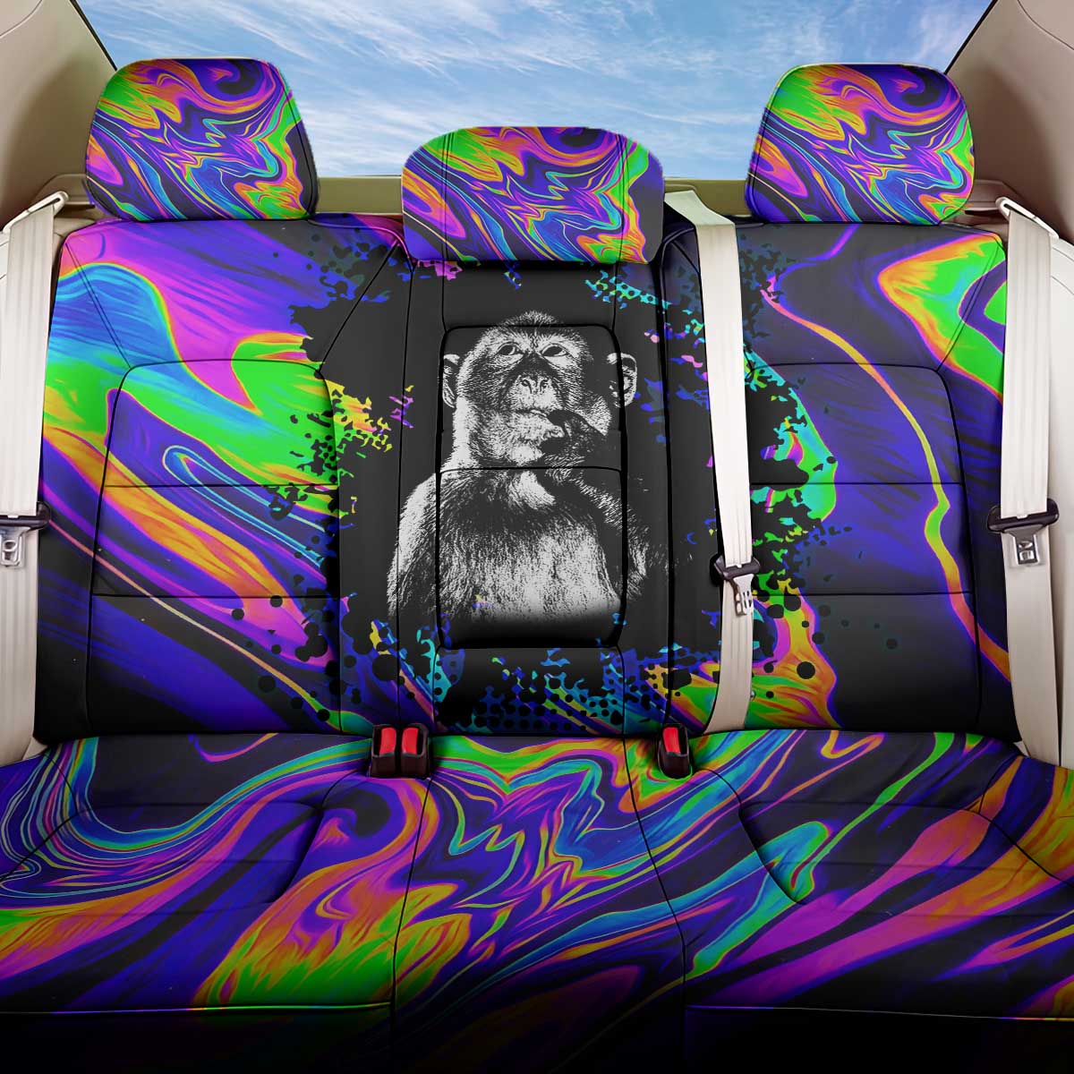 Funny Psychedelic Monkey Thinker Back Car Seat Cover Trippy Curiosity Vibes