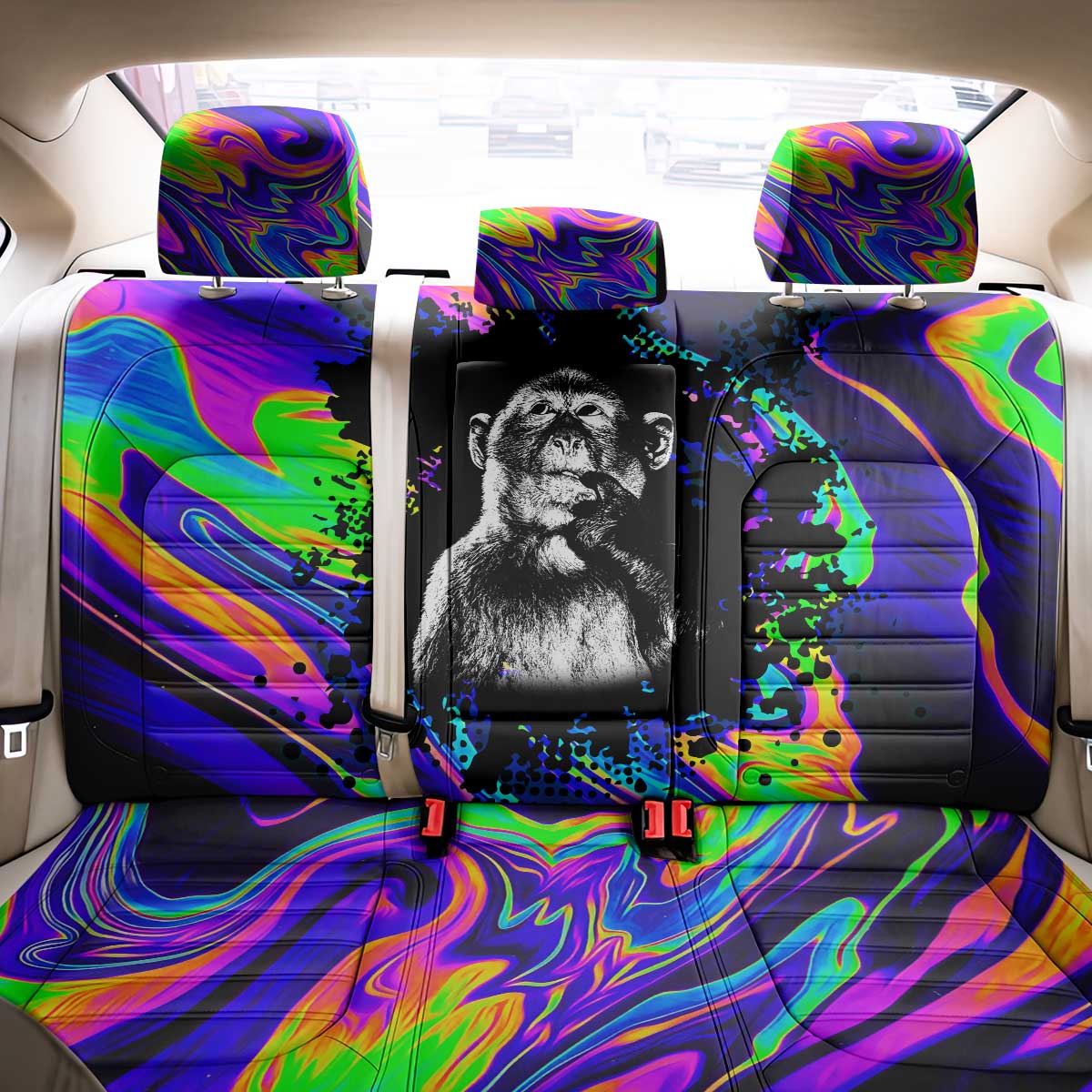 Funny Psychedelic Monkey Thinker Back Car Seat Cover Trippy Curiosity Vibes