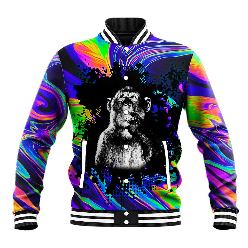 Funny Psychedelic Monkey Thinker Baseball Jacket Trippy Curiosity Vibes