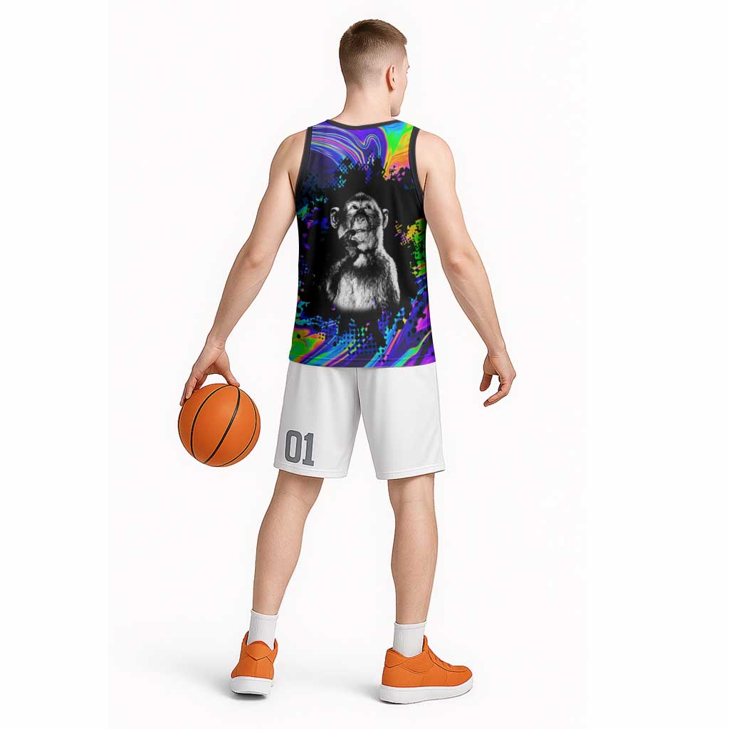 Funny Psychedelic Monkey Thinker Basketball Jersey Trippy Curiosity Vibes