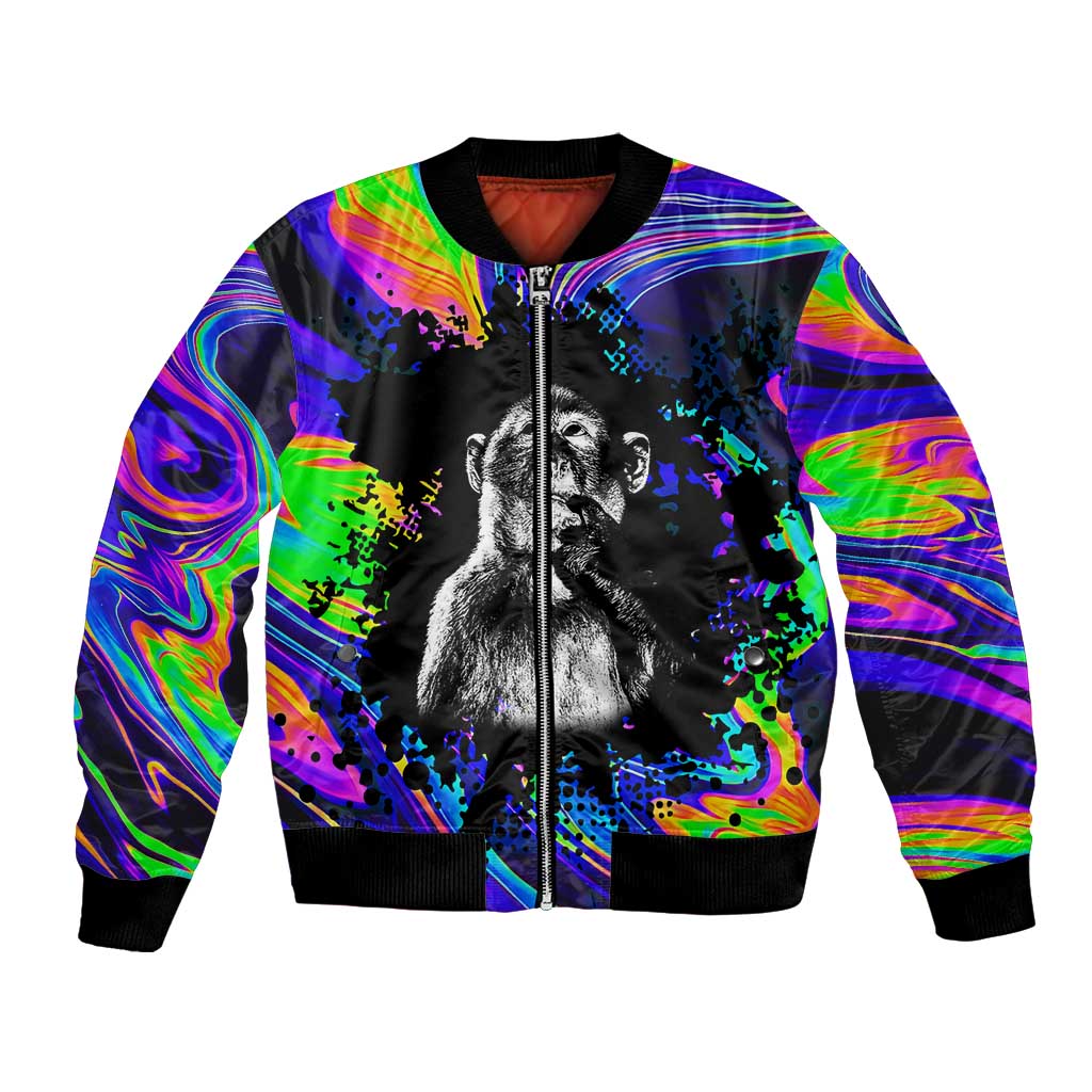 Funny Psychedelic Monkey Thinker Bomber Jacket Trippy Curiosity Vibes
