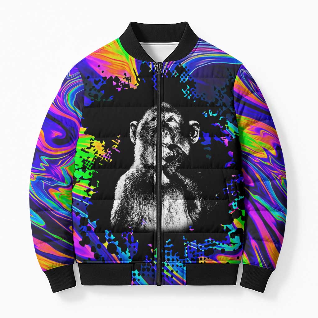 Funny Psychedelic Monkey Thinker Bomber Puffer Jacket Trippy Curiosity Vibes