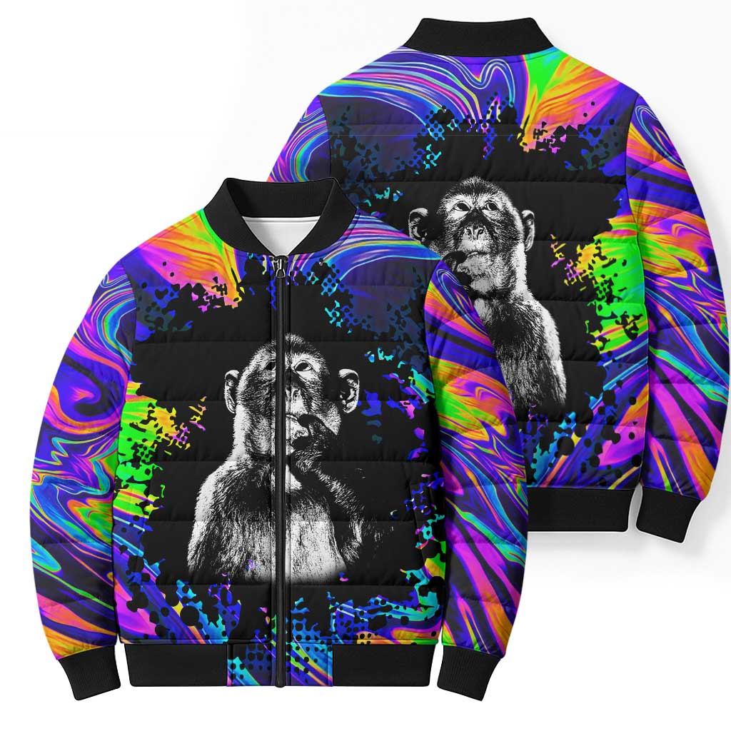 Funny Psychedelic Monkey Thinker Bomber Puffer Jacket Trippy Curiosity Vibes