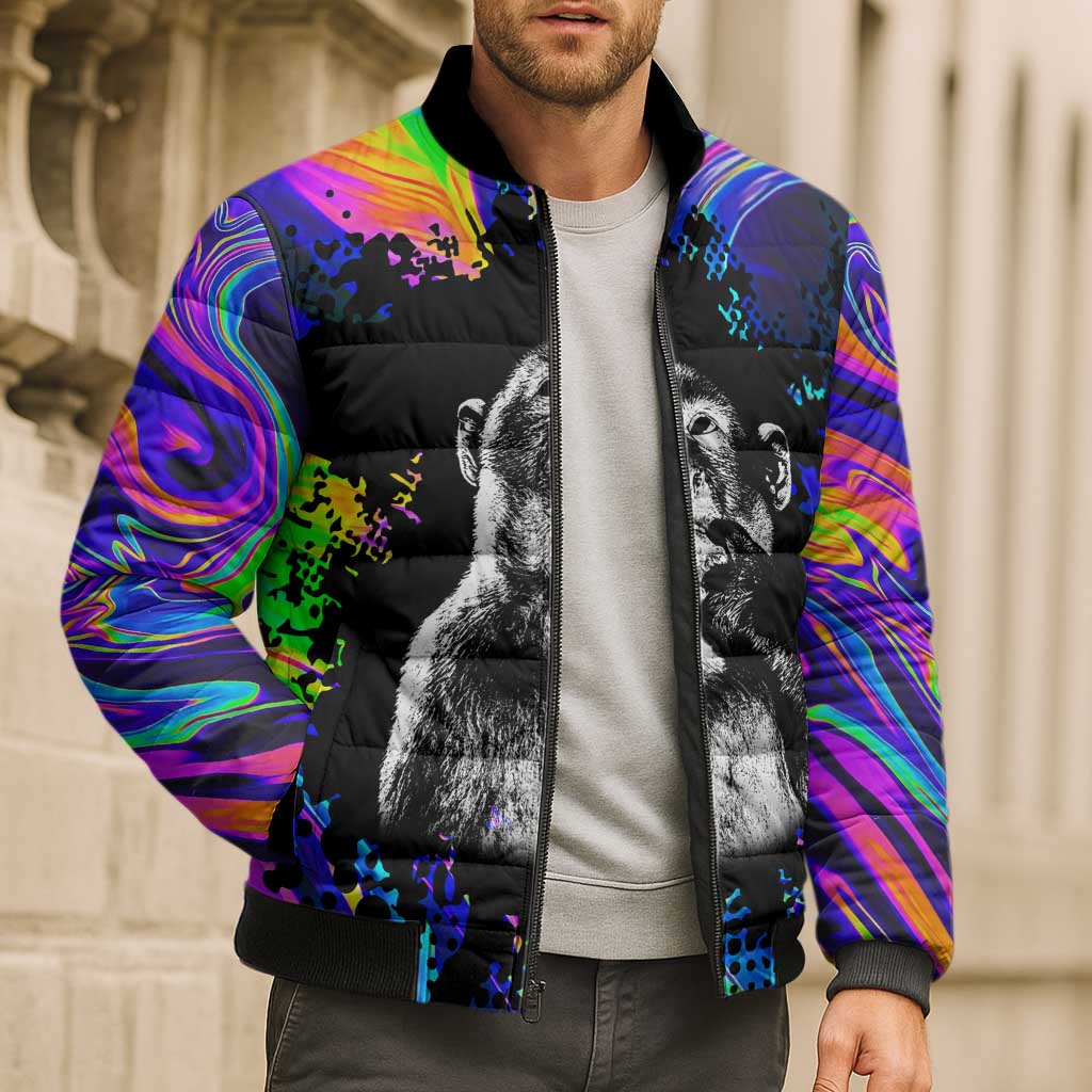 Funny Psychedelic Monkey Thinker Bomber Puffer Jacket Trippy Curiosity Vibes