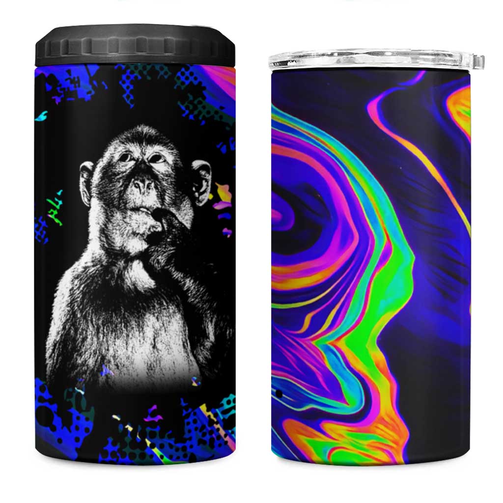 Funny Psychedelic Monkey Thinker 4 in 1 Can Cooler Tumbler Trippy Curiosity Vibes