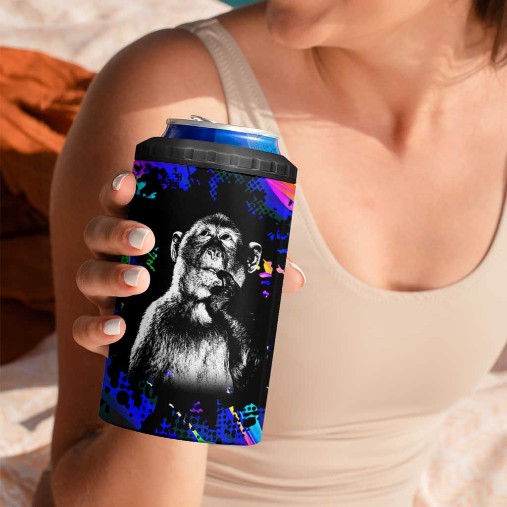 Funny Psychedelic Monkey Thinker 4 in 1 Can Cooler Tumbler Trippy Curiosity Vibes