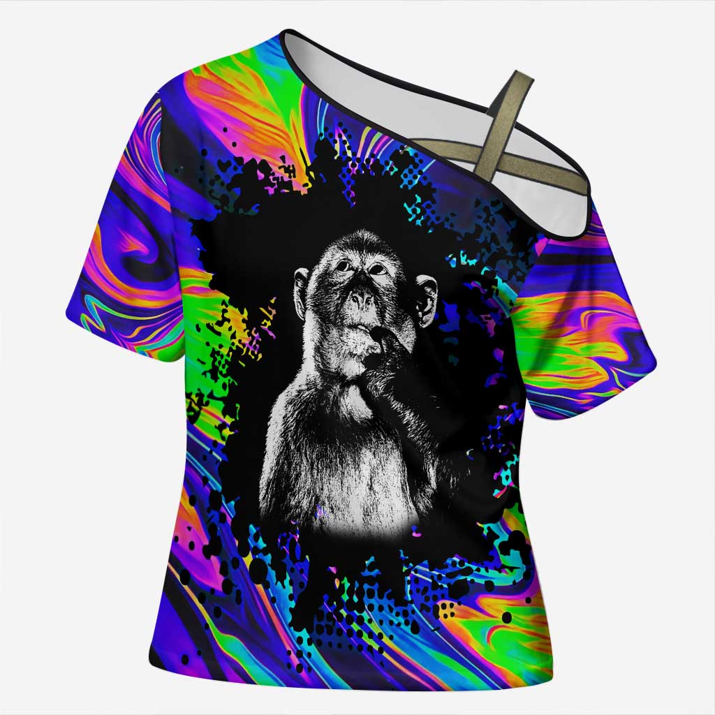 Funny Psychedelic Monkey Thinker Cross Shoulder Shirt Trippy Curiosity Vibes