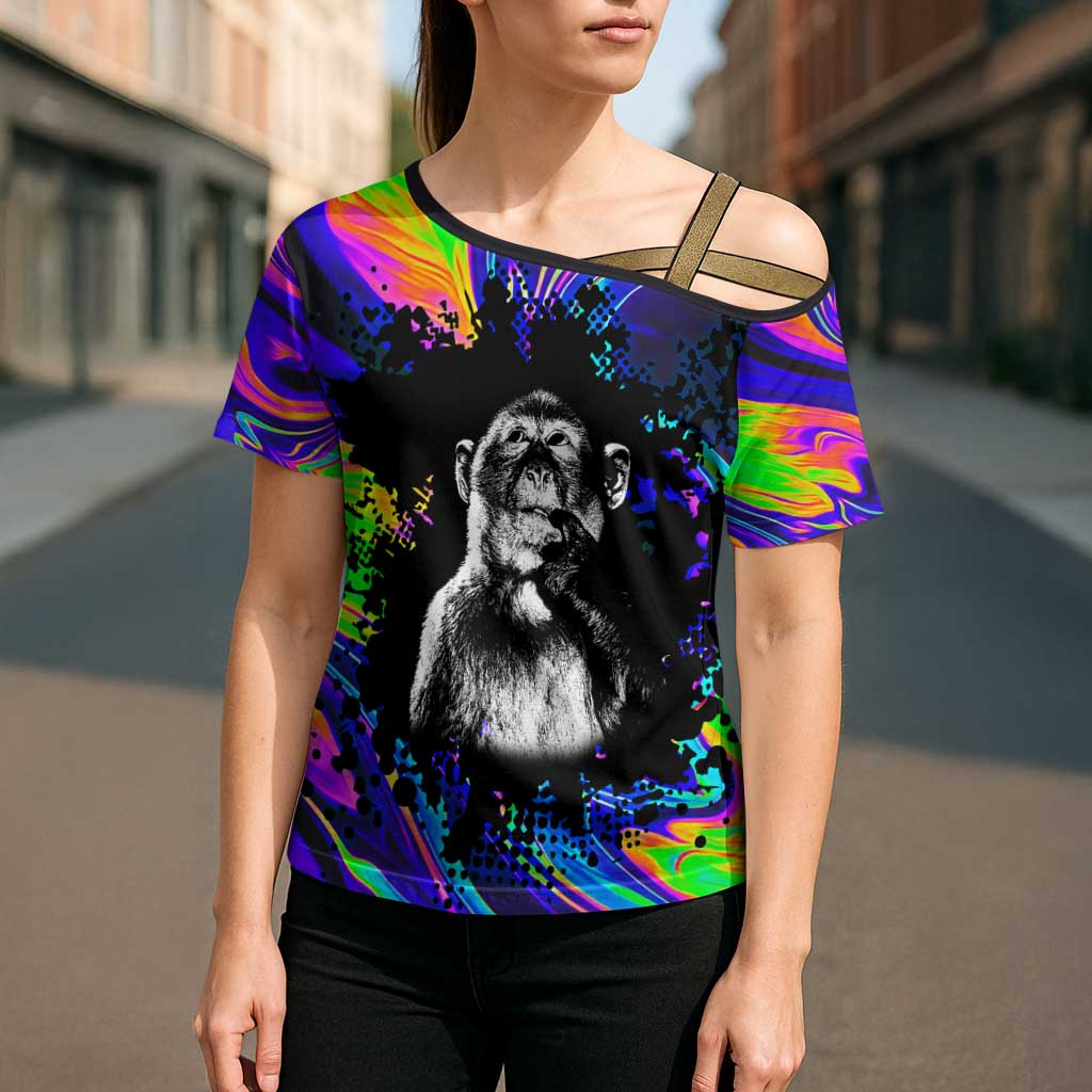 Funny Psychedelic Monkey Thinker Cross Shoulder Shirt Trippy Curiosity Vibes