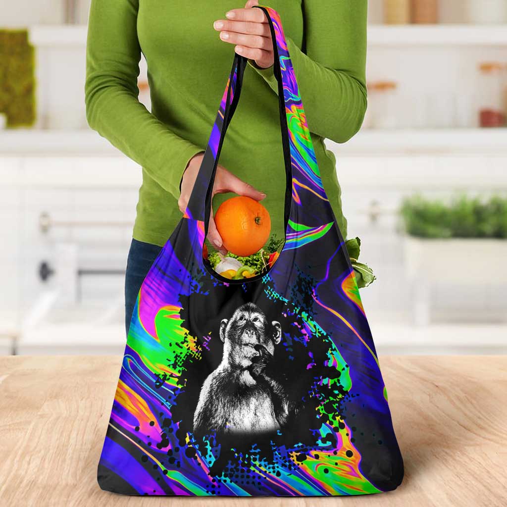 Funny Psychedelic Monkey Thinker Grocery Bag Trippy Curiosity Vibes
