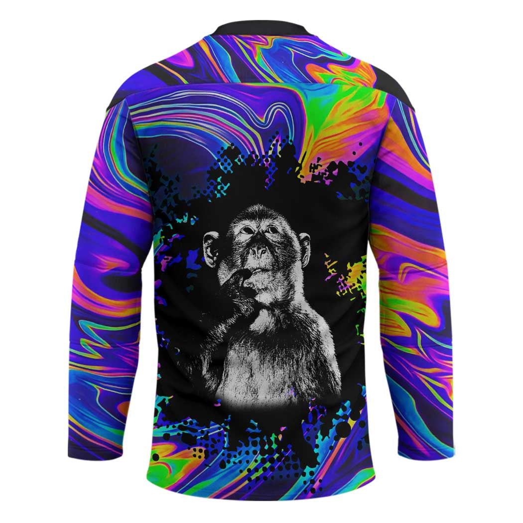 Funny Psychedelic Monkey Thinker Hockey Jersey Trippy Curiosity Vibes